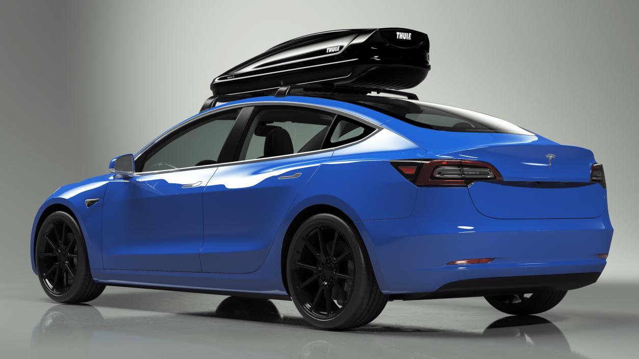 3D Tesla with Thule Car Roofbox on Roof Rack