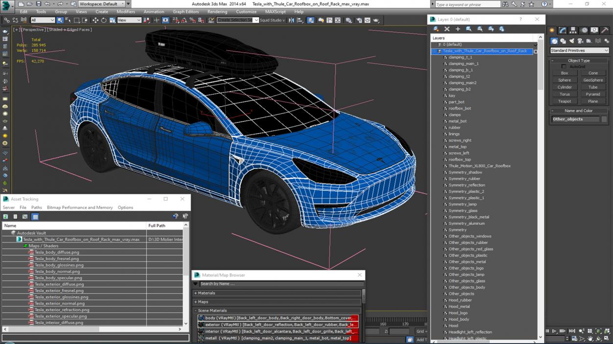 3D Tesla with Thule Car Roofbox on Roof Rack