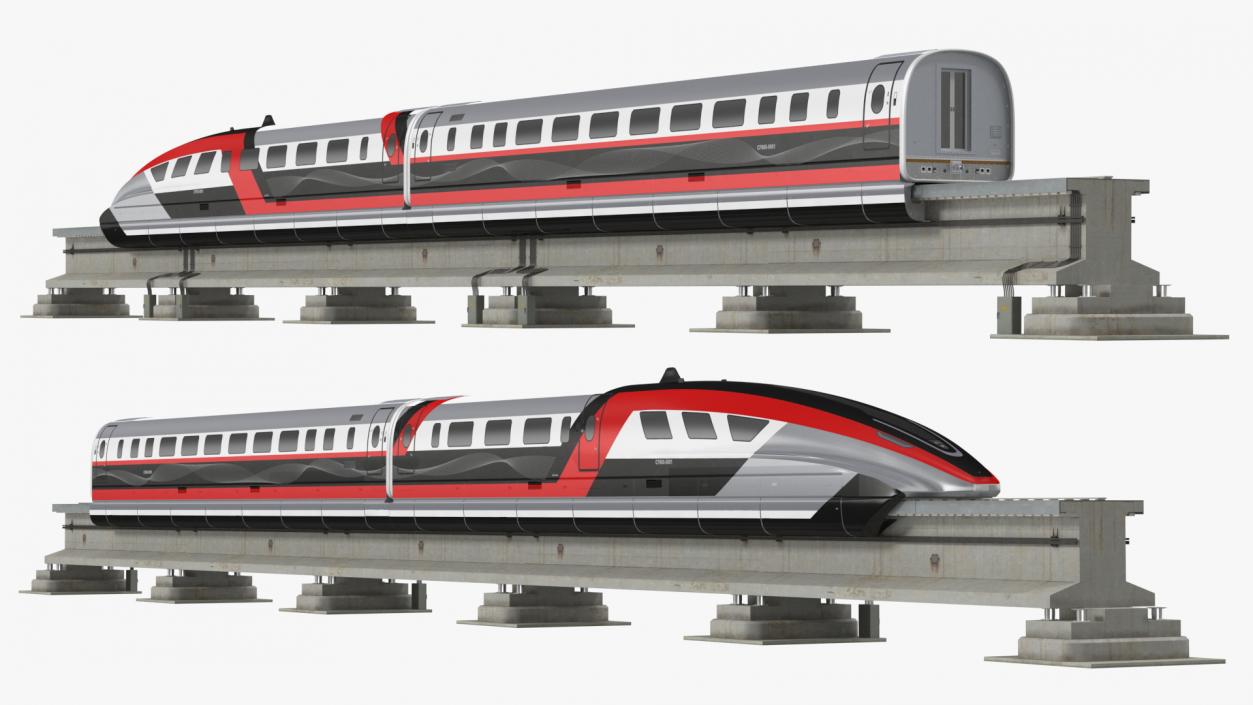 3D model High Speed Maglev Train Red on Rail