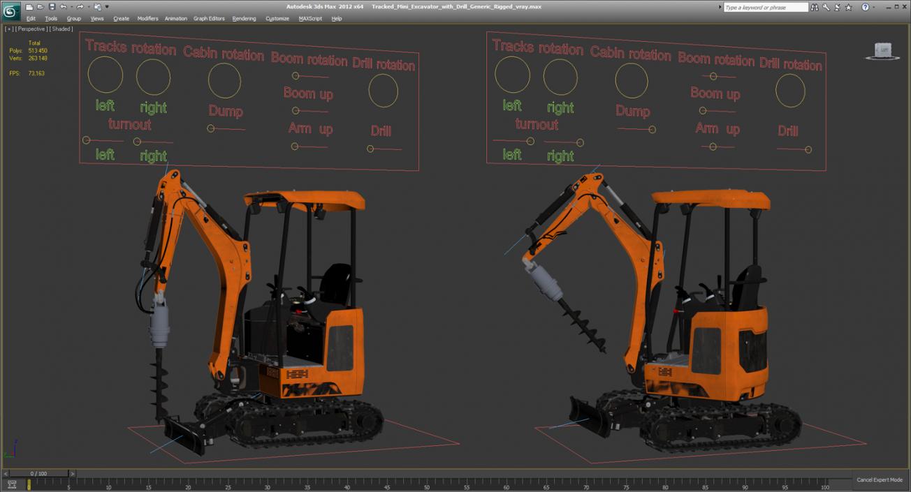 3D Tracked Mini Excavator with Drill Generic Rigged model