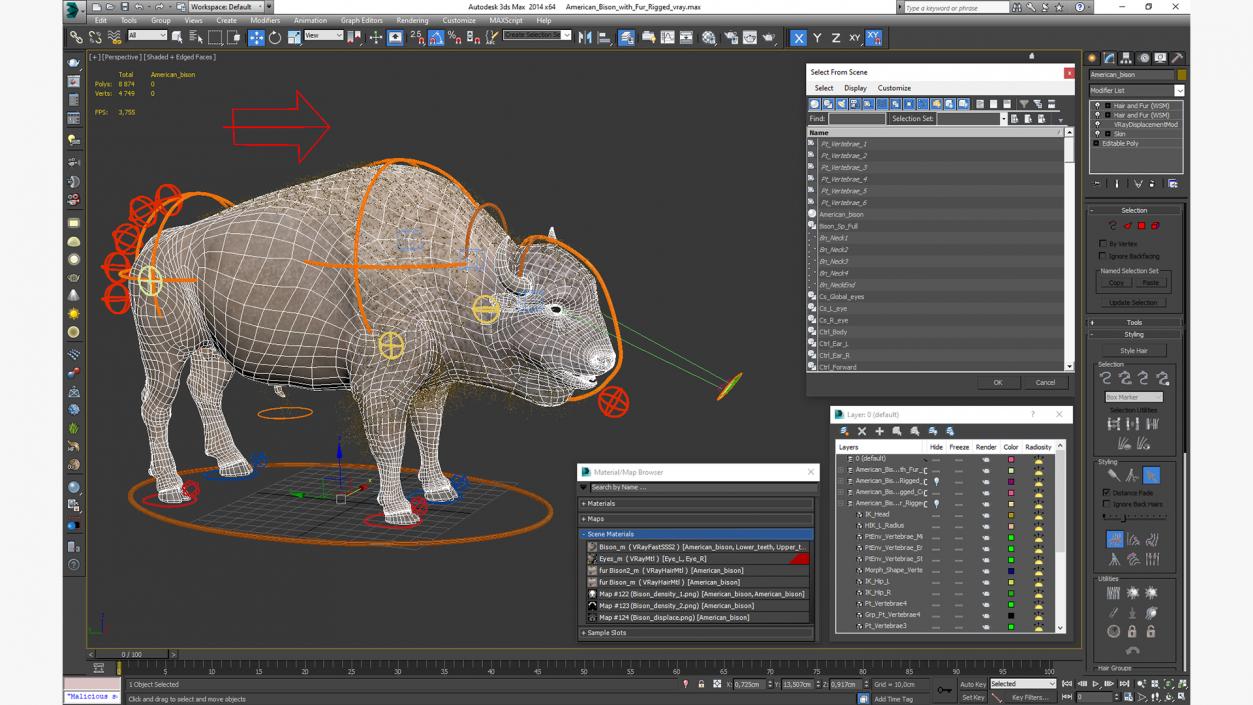 3D model American Bison with Fur Rigged