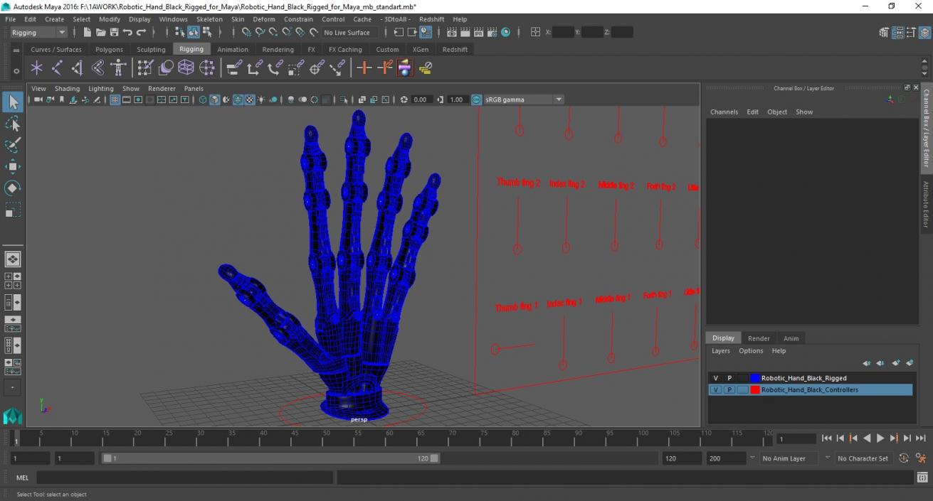 3D Robotic Hand Black Rigged for Maya 2