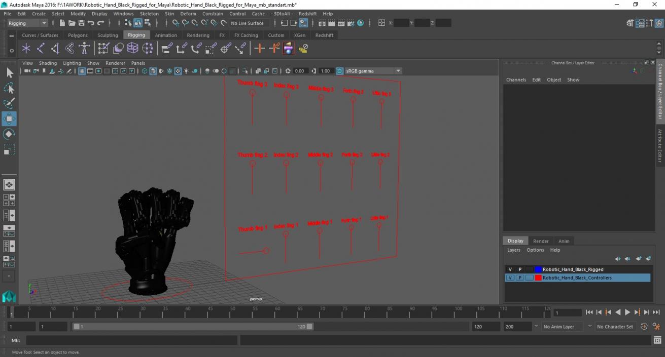 3D Robotic Hand Black Rigged for Maya 2