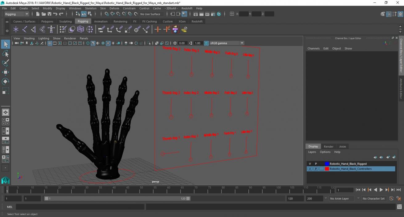 3D Robotic Hand Black Rigged for Maya 2