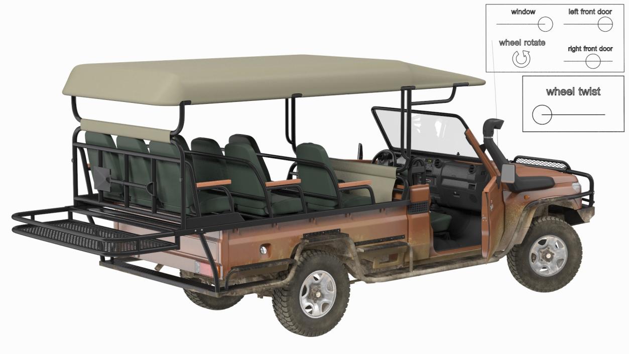 3D Safari Open Sided 4x4 Vehicle Rigged