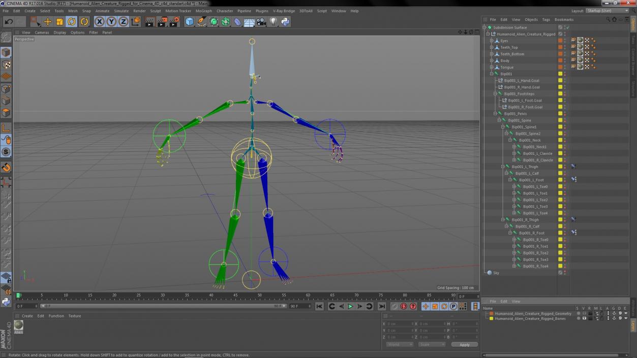 Humanoid Alien Creature Rigged for Cinema 4D 3D model