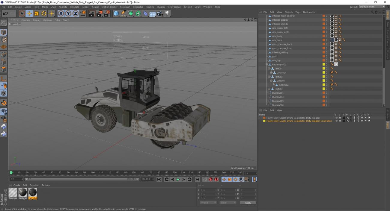 Heavy Duty Single Drum Compactor Dirty Rigged for Cinema 4D 3D model