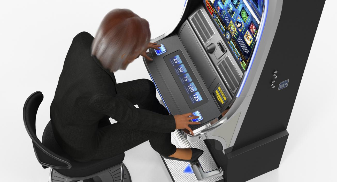 3D Woman Gambler Playing on Slot Machine Rigged with Fur model