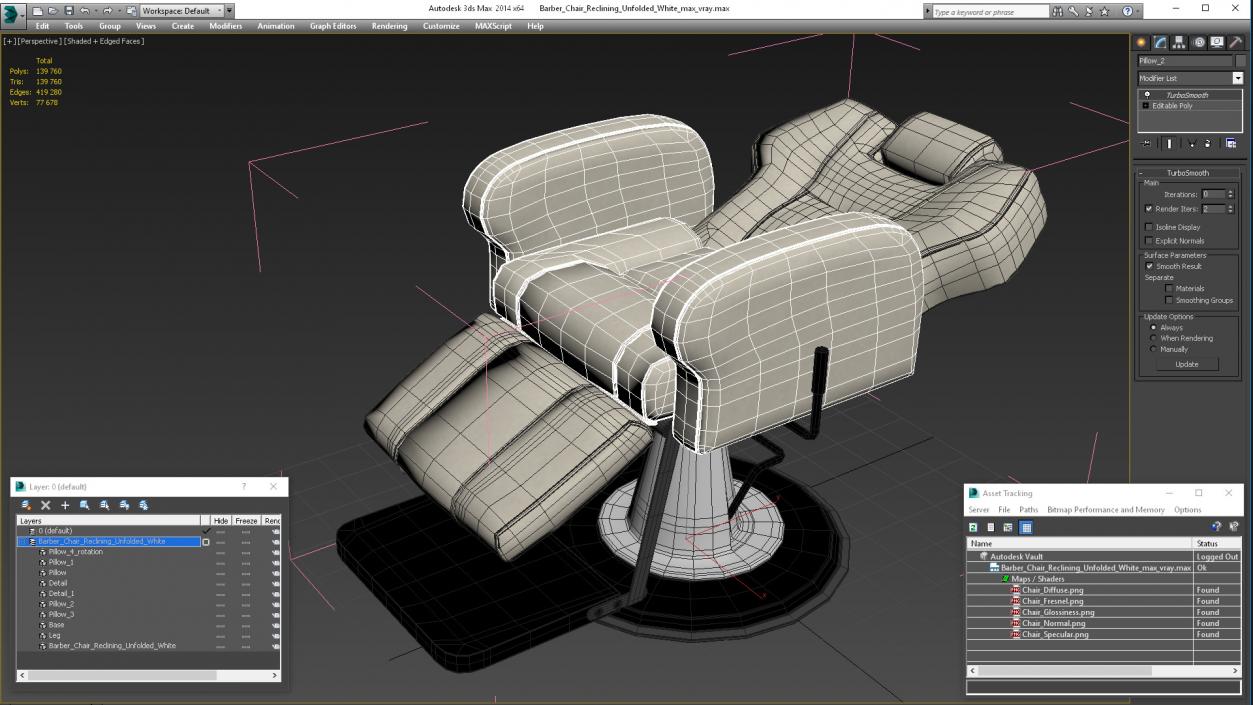 Barber Chair Reclining Unfolded White 3D