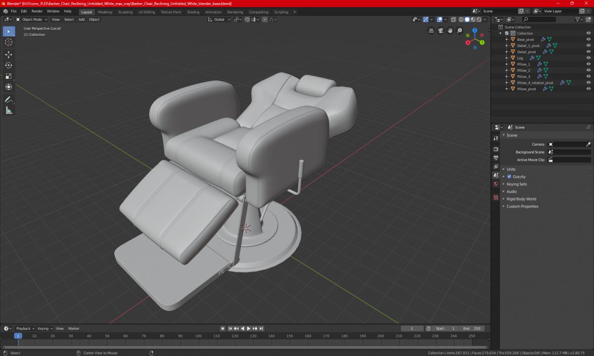 Barber Chair Reclining Unfolded White 3D