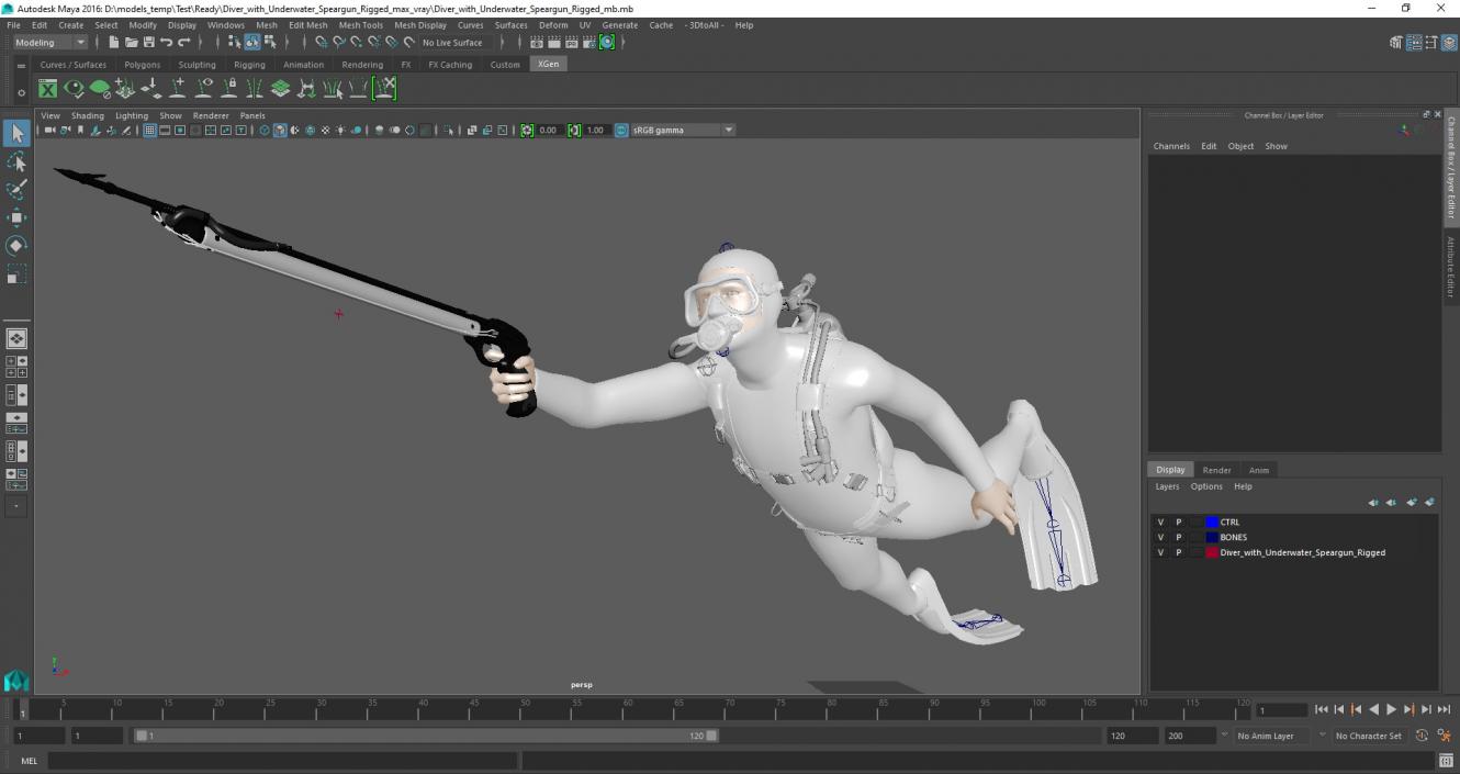 3D Diver with Underwater Speargun Rigged for Maya