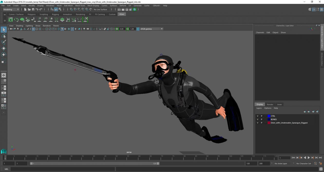 3D Diver with Underwater Speargun Rigged for Maya