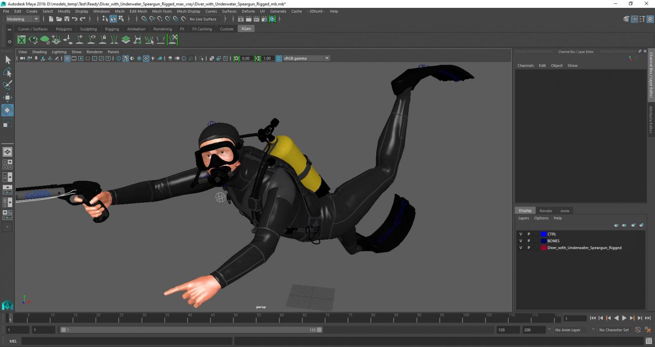 3D Diver with Underwater Speargun Rigged for Maya