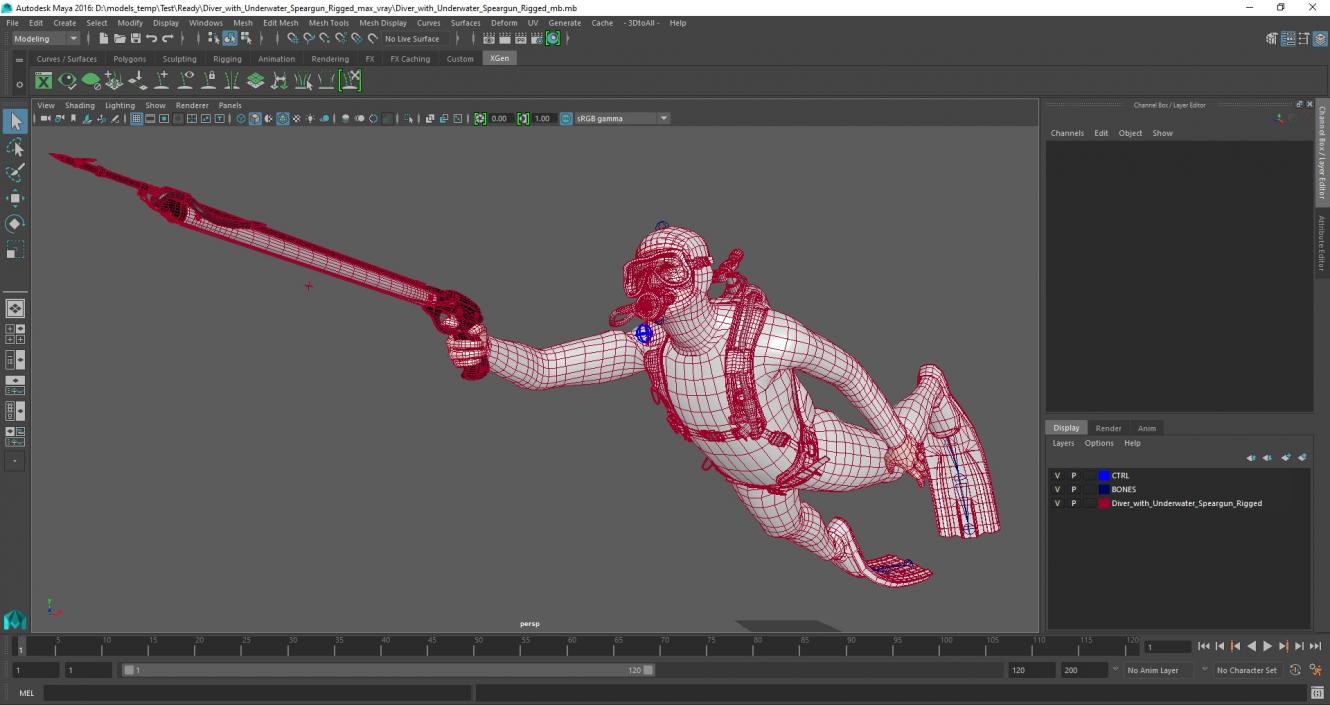 3D Diver with Underwater Speargun Rigged for Maya