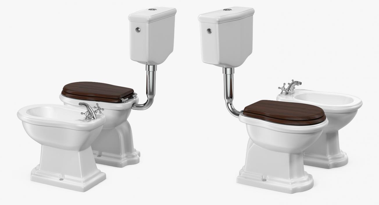 Old Style High Level Toilet and Bidet 3D