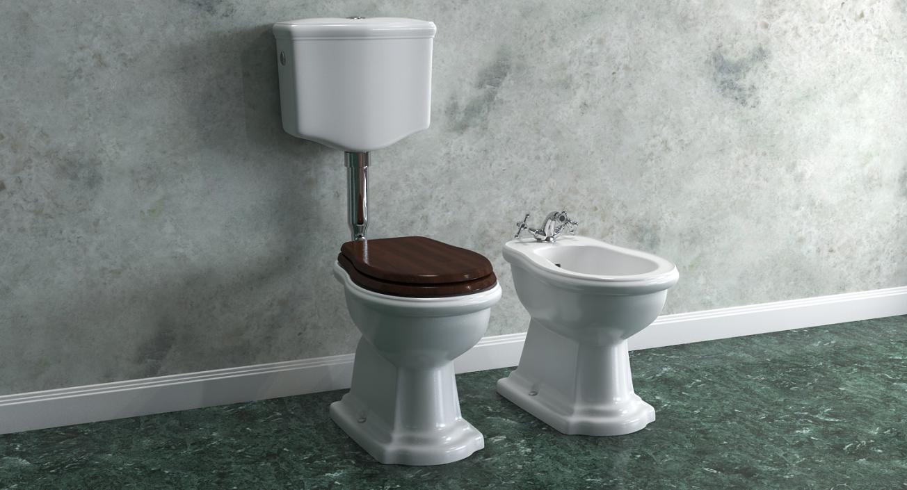 Old Style High Level Toilet and Bidet 3D