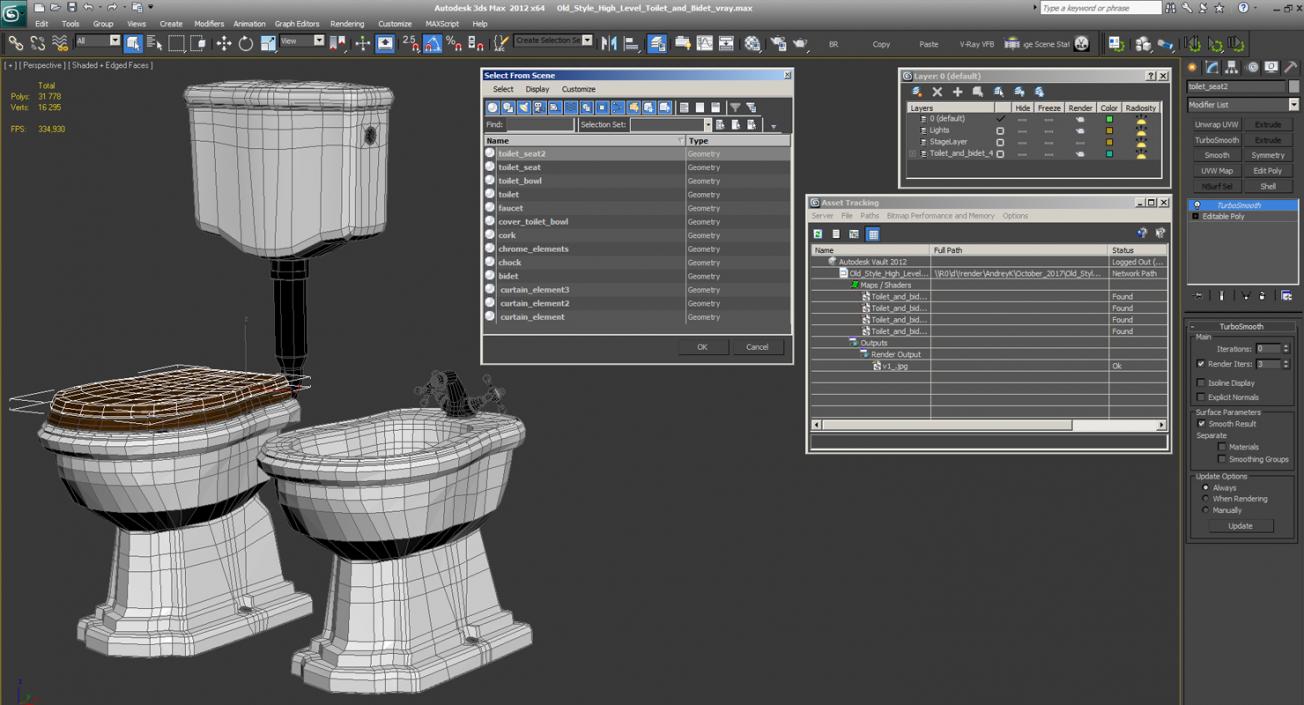 Old Style High Level Toilet and Bidet 3D