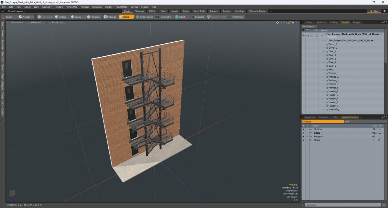 Fire Escape Black with Brick Wall of House 2 3D model