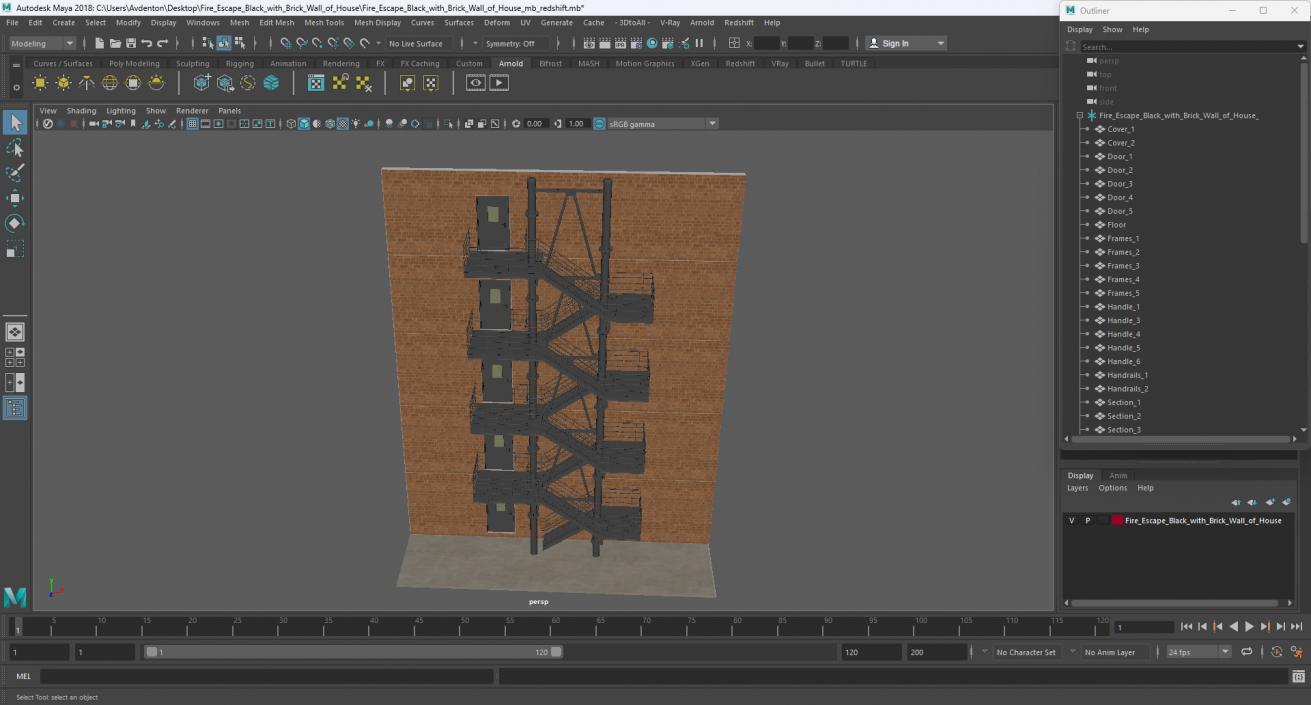 Fire Escape Black with Brick Wall of House 2 3D model