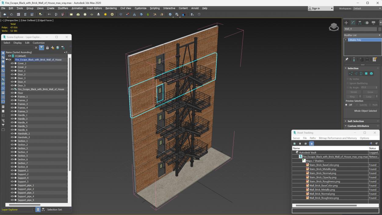 Fire Escape Black with Brick Wall of House 2 3D model