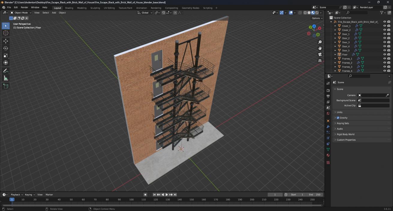 Fire Escape Black with Brick Wall of House 2 3D model