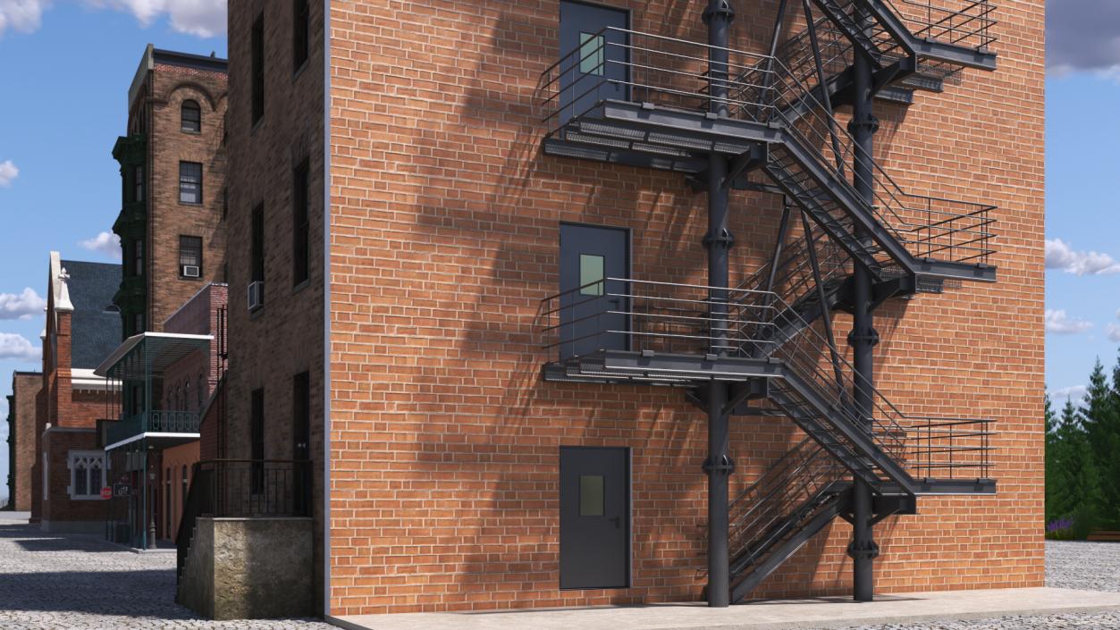 Fire Escape Black with Brick Wall of House 2 3D model