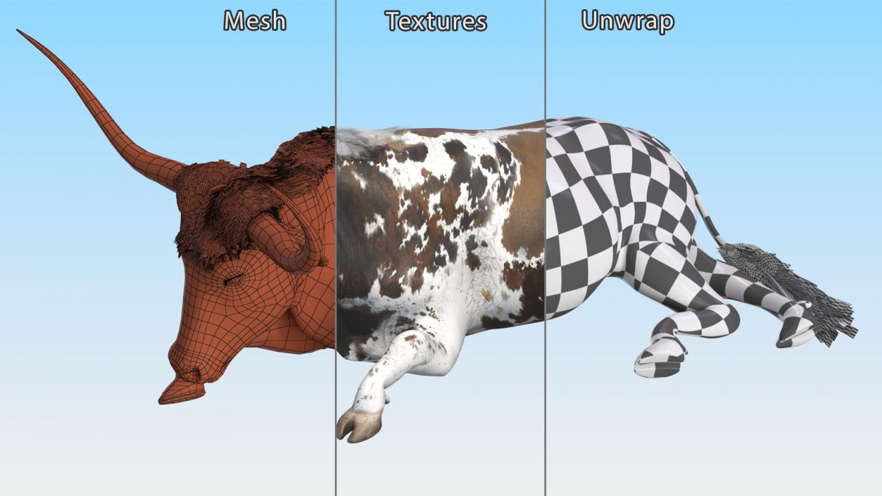 3D Lying Longhorn Bull Mottled Brown model