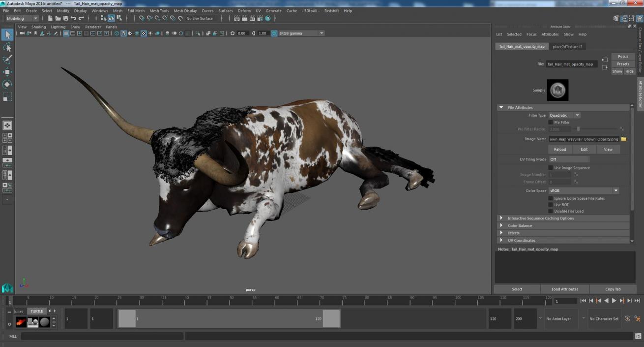 3D Lying Longhorn Bull Mottled Brown model