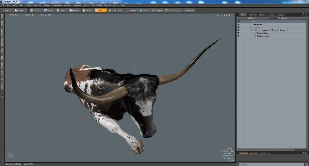 3D Lying Longhorn Bull Mottled Brown model