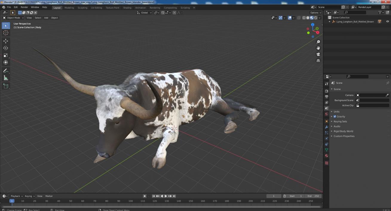 3D Lying Longhorn Bull Mottled Brown model