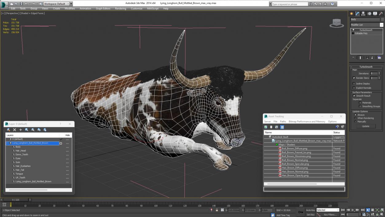 3D Lying Longhorn Bull Mottled Brown model