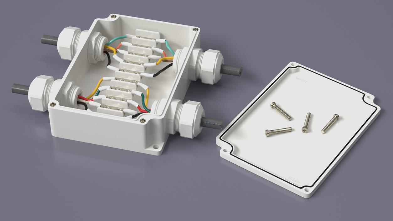 3D White Junction Box with 4 Wires