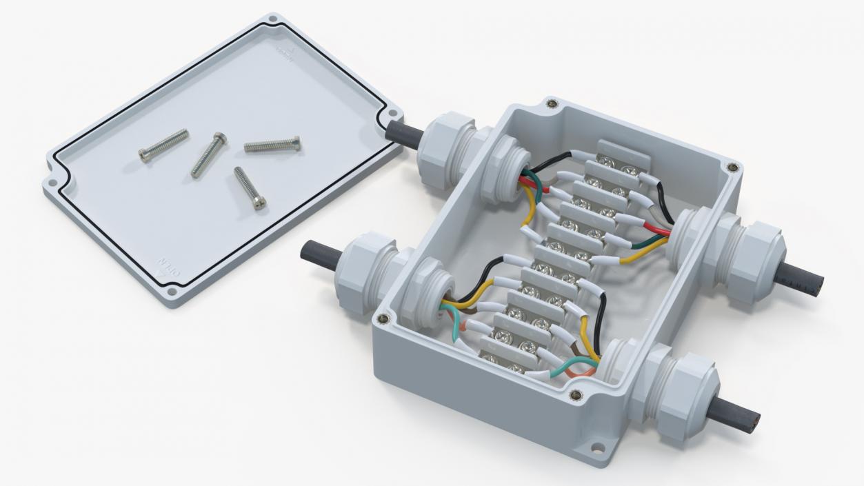 3D White Junction Box with 4 Wires