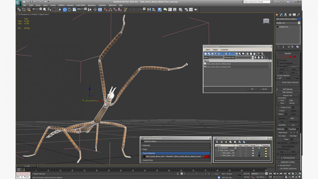 3D model Stick Insect Brown Attack Pose