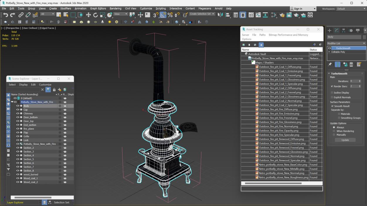 3D Potbelly Stove New with Fire model