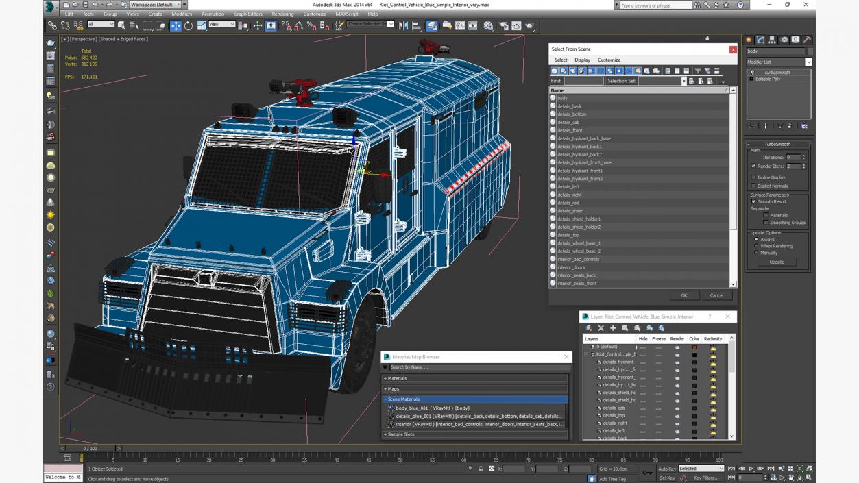 3D Riot Control Vehicle Blue Simple Interior