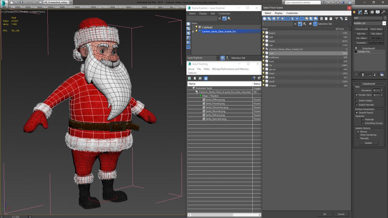 3D model Cartoon Santa Claus A-pose Fur