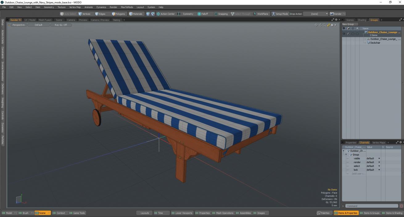 Outdoor Chaise Lounge with Navy Stripes 3D model