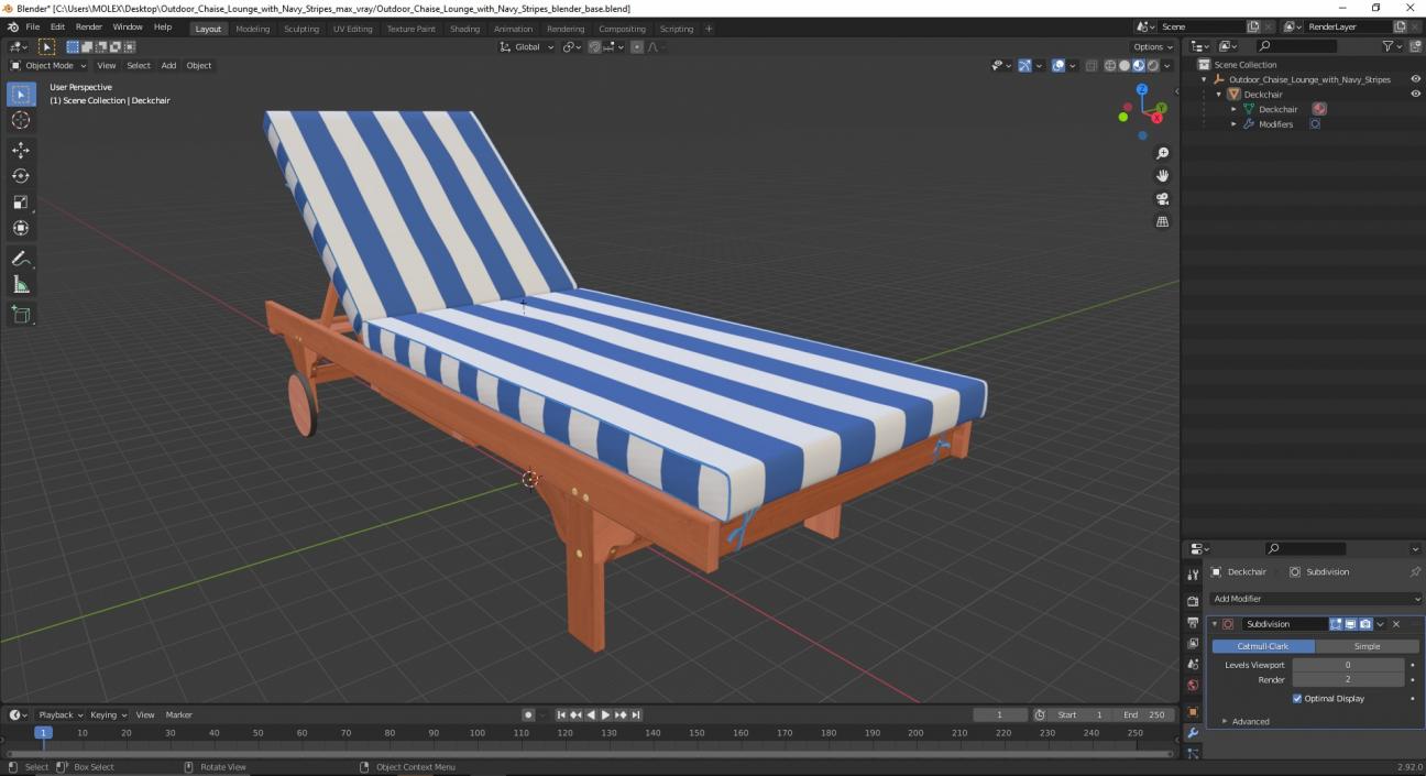 Outdoor Chaise Lounge with Navy Stripes 3D model