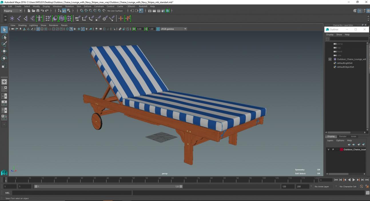 Outdoor Chaise Lounge with Navy Stripes 3D model