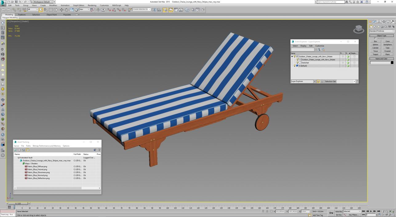 Outdoor Chaise Lounge with Navy Stripes 3D model