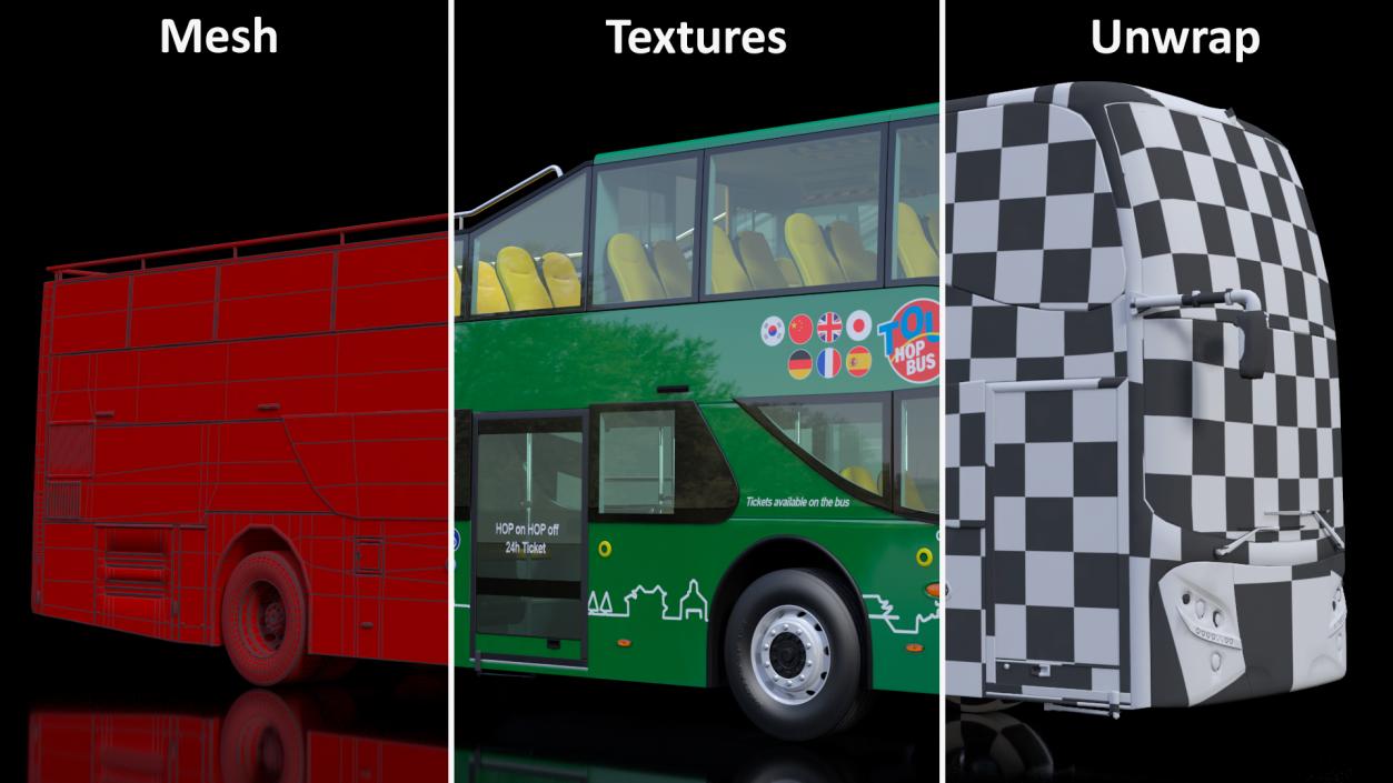 3D Open Air Double Decker Tour Hop Bus Rigged for Maya