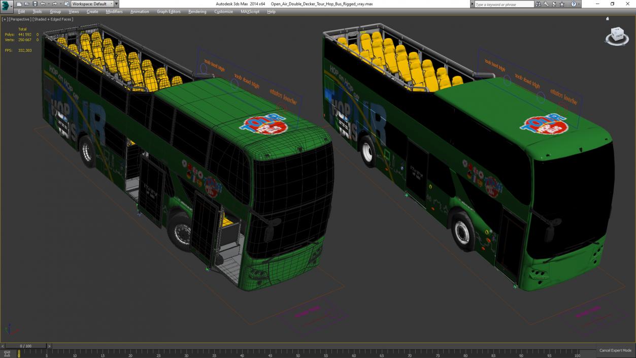 3D Open Air Double Decker Tour Hop Bus Rigged for Maya