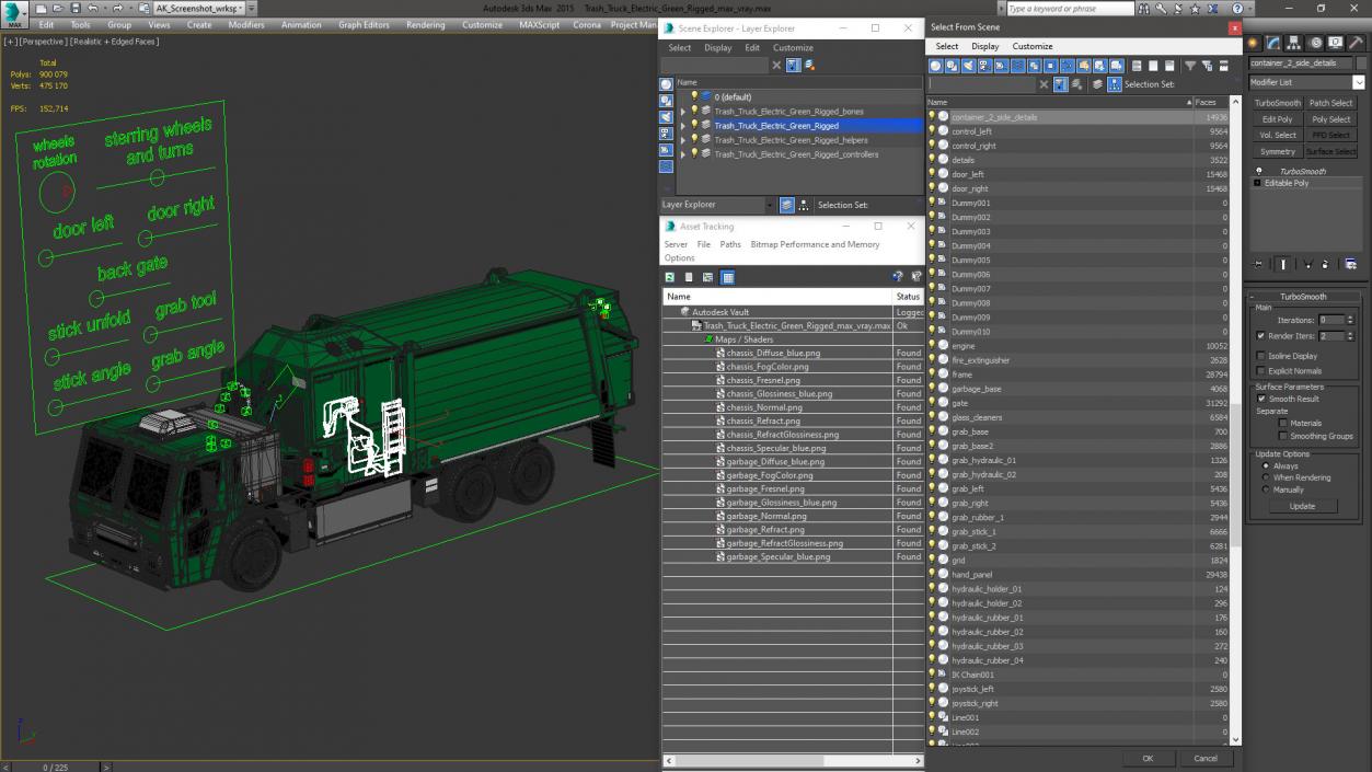 3D Trash Truck Electric Green Rigged model