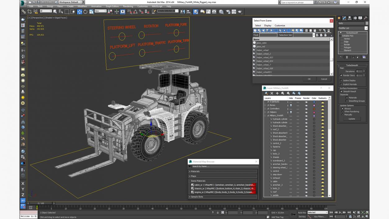 3D model Military Forklift White Rigged