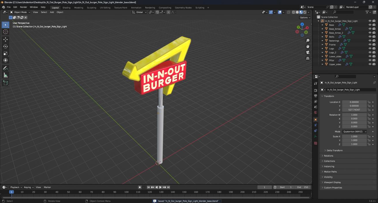 3D In N Out Burger Pole Sign Light