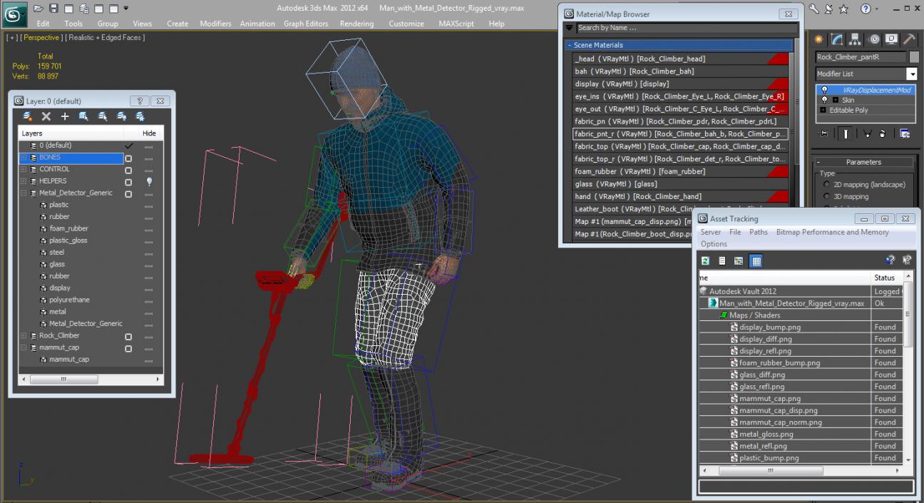 Man with Metal Detector Rigged for Cinema 4D 3D model