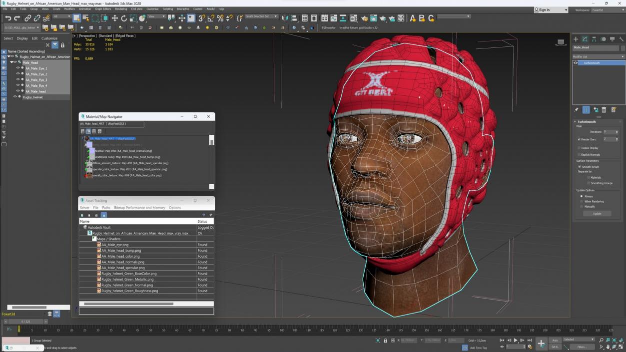 3D Rugby Helmet on African American Man Head