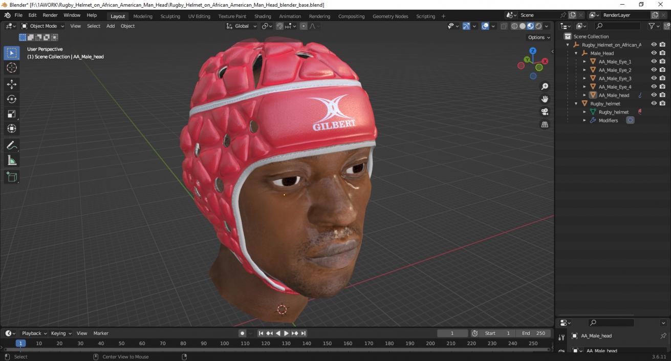 3D Rugby Helmet on African American Man Head