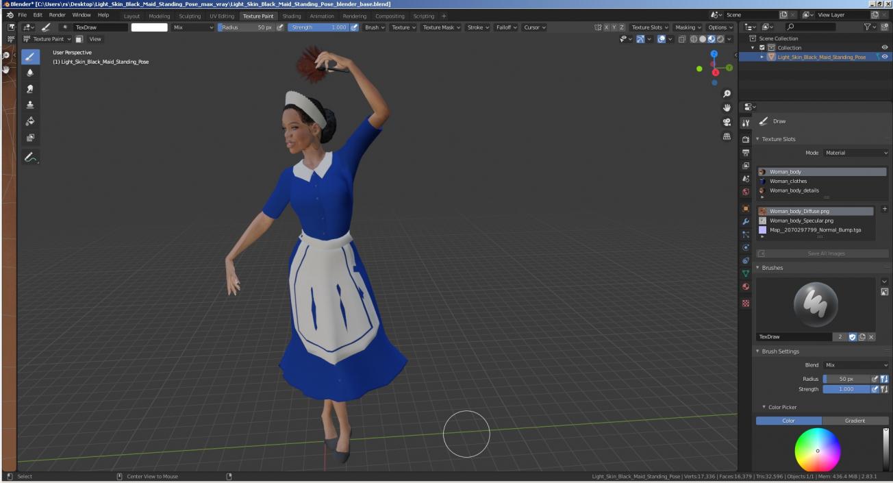 3D model Light Skin Black Maid Standing Pose